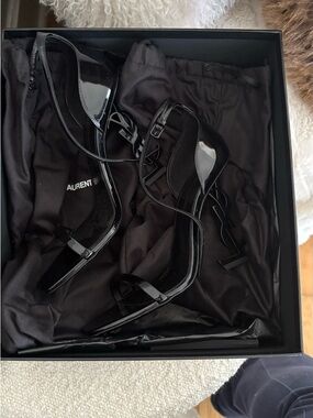 Saint Laurent Black Patent Leather Strappy Sandals with Logo Heel